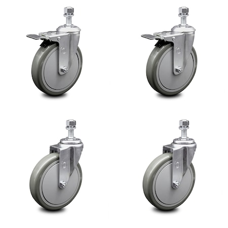 6 Inch Gray Polyurethane Wheel Swivel ½ Inch Stem Caster Total Lock Brake, 2PK